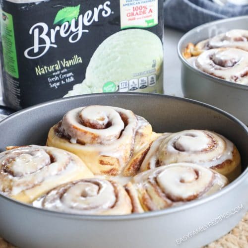 Iced cinnamon rolls baked with vanilla ice cream to make them extra gooey!